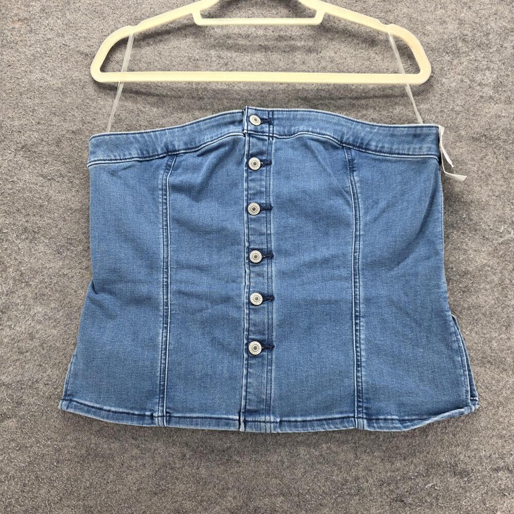 American Eagle Outfitters Blouse Cropped Womens XL Blue Denim Square Neck Button